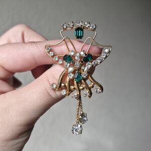 Vintage DeCurtis 12k Gold Filled Brooch Green, Clear Rhinestones Gold Tone